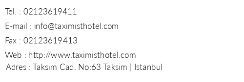Taximist Hotel telefon numaralar, faks, e-mail, posta adresi ve iletiim bilgileri